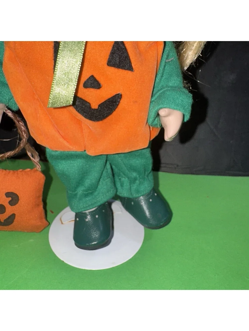 Vintage Blonde Porcelain Doll Pumpkin Costume Halloween Trick or Treat 9”